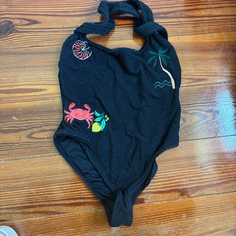 Damson Madder Tashi One Piece Swimsuit Size 12 Black Ruched Summer High Cut